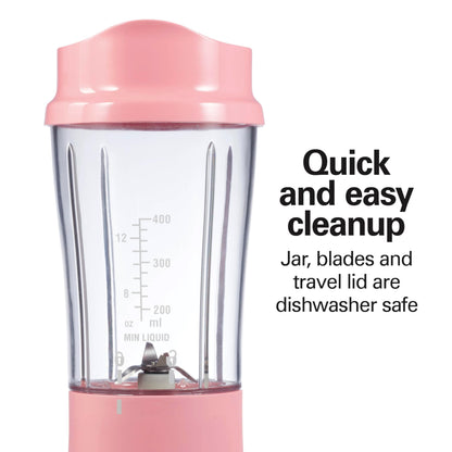 Hamilton Beach Portable Blender for Shakes and Smoothies, 14 Oz BPA Free Travel Cup & Lid, Durable Stainless Steel Blades, Personal Smoothie Blender, Coral (51171)
