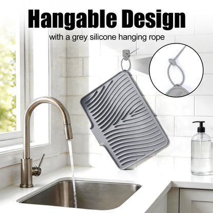 TIKNIK Silicone Dish Drying Mat, Stone Drying Mat for Kitchen Counter with Built-In Drain, Non-Slip Drain Pad with Built-in Drain, Heat Resistant Stone Drying Mat, Hangable, Grey-1pcs, 16" x 12"