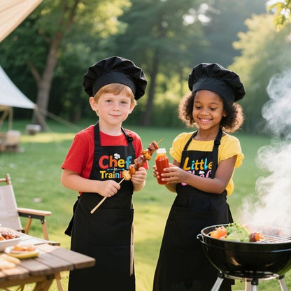 KAXAHHE Kids Chef Apron Hat Set - Adjustable Children's Cooking Apron with 2 Pockets, Black, for Boys Girls Age 3-8 (Chef in Training)