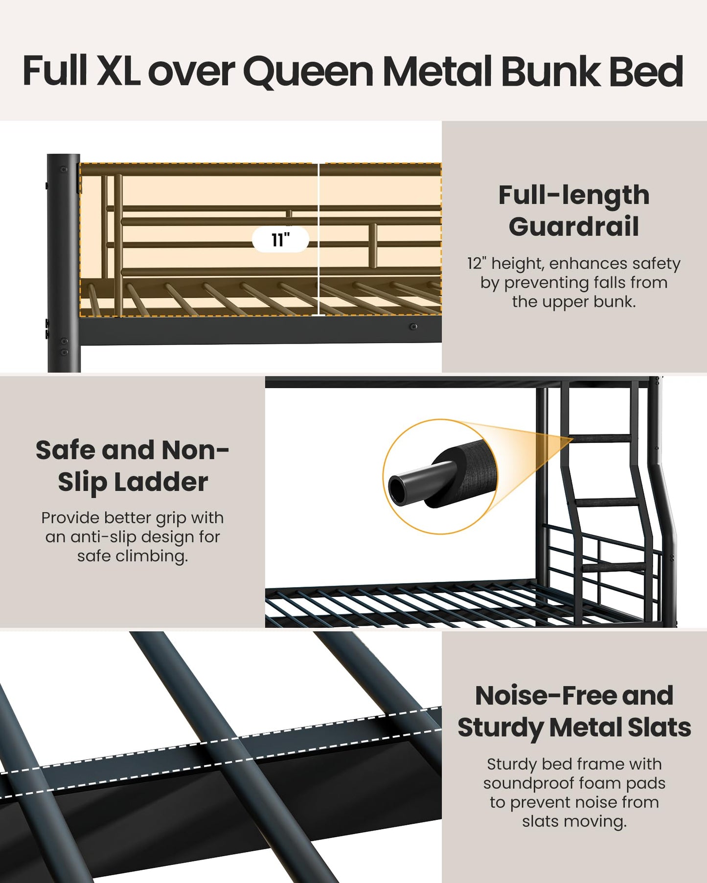 Mixcous Full XL Over Queen Bunk Bed with Trundle, Heavy-Duty Metal Bunk Bed w/Full-Length Guardrail & EVA Padded Ladder, Convertible to 3 Separate Beds for Adults, Teens, Noise-Free, Black