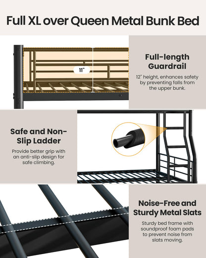 Mixcous Full XL Over Queen Bunk Bed with Trundle, Heavy-Duty Metal Bunk Bed w/Full-Length Guardrail & EVA Padded Ladder, Convertible to 3 Separate Beds for Adults, Teens, Noise-Free, Black