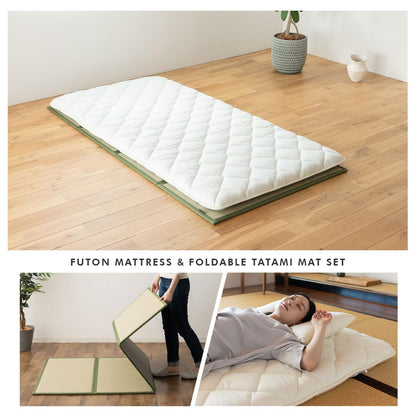 EMOOR Japanese Futon Mattress Premium CLASSE and Tatami Mat Set Twin, Floor Sleeping Mat Sikibuton Igusa Natural Cotton