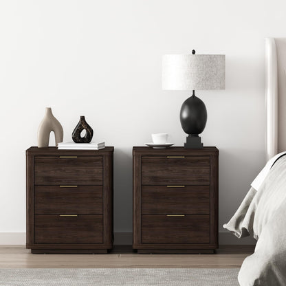 Manhattan Comfort Evelyn Set of 2 Nightstands with Full Extension Drawers, Minimalist Bedside Table with Rounded Corners and Raised Base, Modern Night Stand for Bedroom, or Living Room in Brown