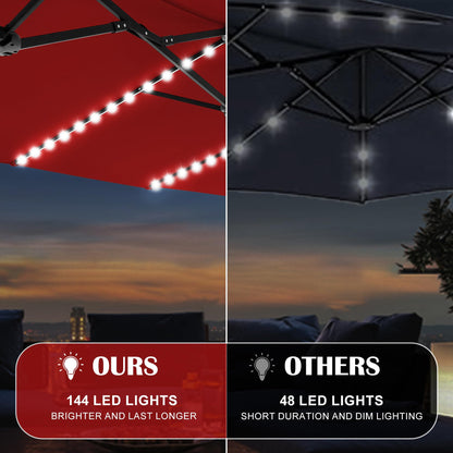 Sundale Outdoor Solar 15 ft 144 LED Olefin 5-Year-Non-Fading Patio Umbrella with Sandbag Base Included and Cover, Outdoor Double-Sided Umbrella with Lights, Red