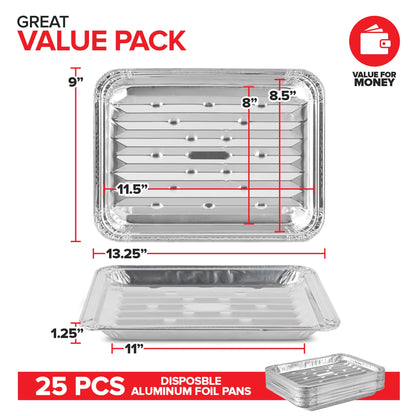 Stock Your Home Disposable Aluminum Foil Broiler Pan for Oven (25 Pack) Sheet Pans for Grilling, Roasting Rack, Trays with Ribbed Surface for BBQ Grill-Like Texture