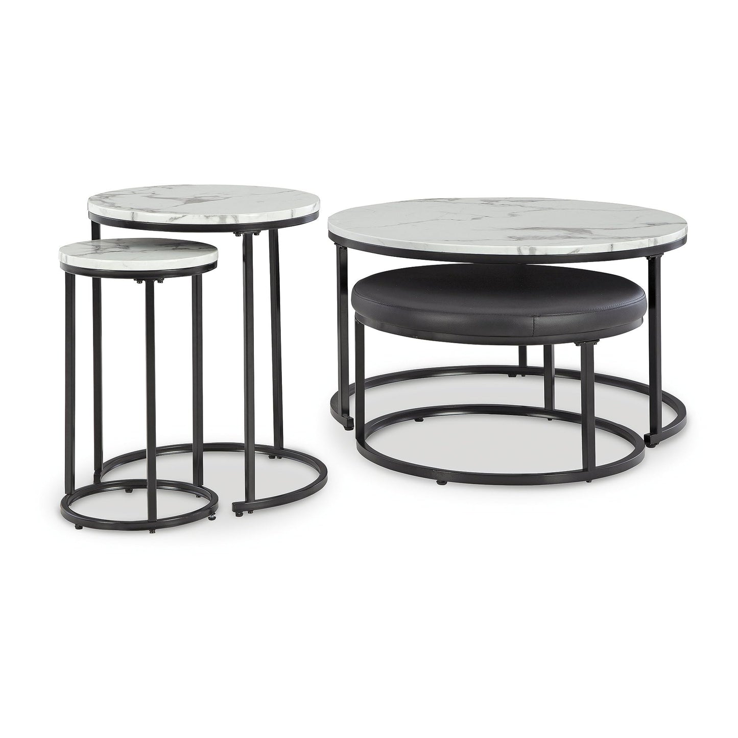 Signature Design by Ashley Jusmour Modern Nesting Table Set with Faux Leather Upholstered Ottoman, Set of 4, Black & White