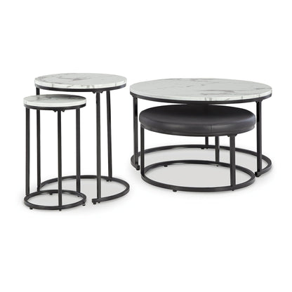Signature Design by Ashley Jusmour Modern Nesting Table Set with Faux Leather Upholstered Ottoman, Set of 4, Black & White