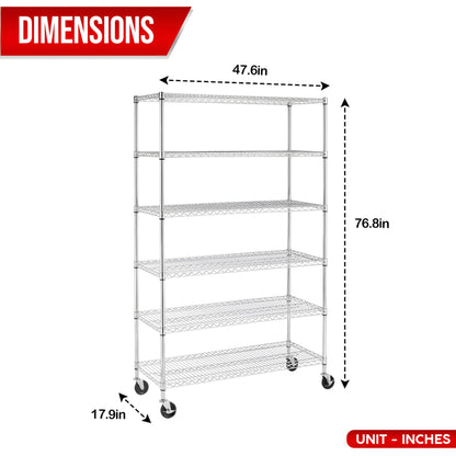 24/7 Shop at Home Arno Industrial 6 Tier Wire Shelving Rack with Wheels, Adjustable Shelf and NSF Certified, Metal Storage Shelves for Kitchen, Office, Garage, Basement, Laundry Room, White