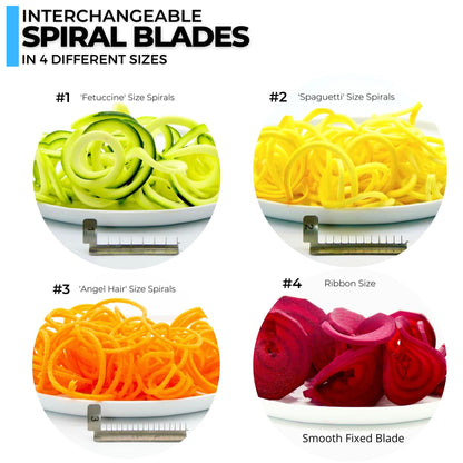 ICO 4-Blade Spiralizer Vegetable Slicer and Curly Fries Maker, Stronger than all Plastic Spiralizers with 3 Interchangeable Blades and 1 Built-In, Black