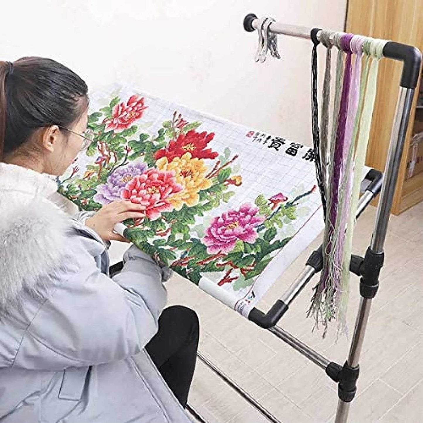 Adjustable Needlework Floor Frame for Cross Stitch and Embroidery, Standing Craft Stand and Lap Table for Sewing and Art, Convenient Holder for Creative Projects.