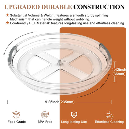 Clear Lazy Susan Organizer Turntable for Cabinet Table Top, 9.25 Inch 2 Pack 360 Rotating Spinning Makeup Organizer for Vanity, Kitchen Storage Rack Heavy-Duty Pantry Spices Tray Countertop Organizer