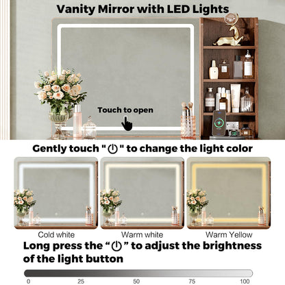 47“Makeup Vanity Desk with Mirror and Lights, Vanity Desk with 7 Drawers & Storage Shelves, Vanity Table with Power Outlet, 3 Color Modes & Adjustable Brightness Dressing Table, Bedroom,Brown