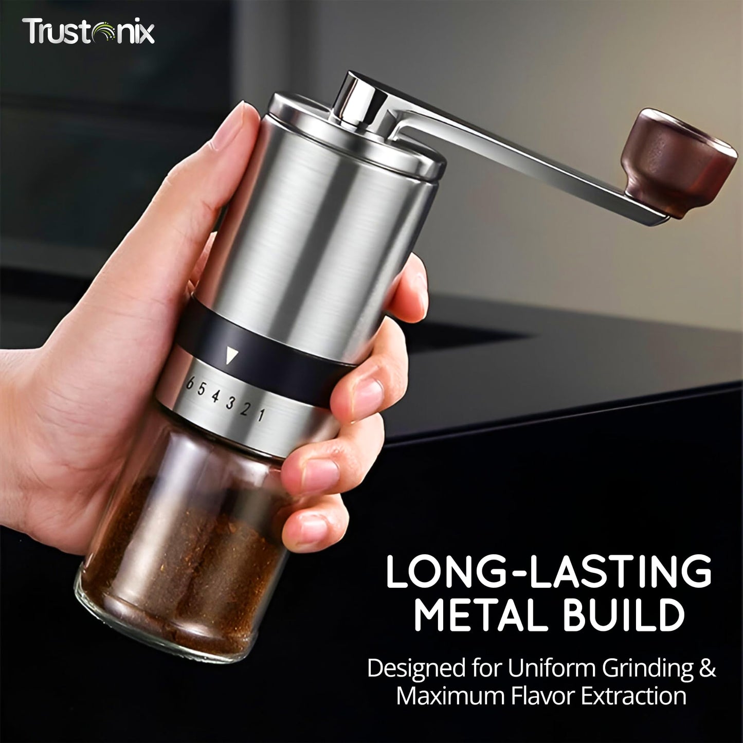Trustonix - Portable Hand Coffee Grinder | Portable Coffee Grinder for Travel | Cocoa Beans Grinder | Portable & Compact Design | Smooth Grinding | Easy To Use | Higher Efficiency | Powerful & Stable