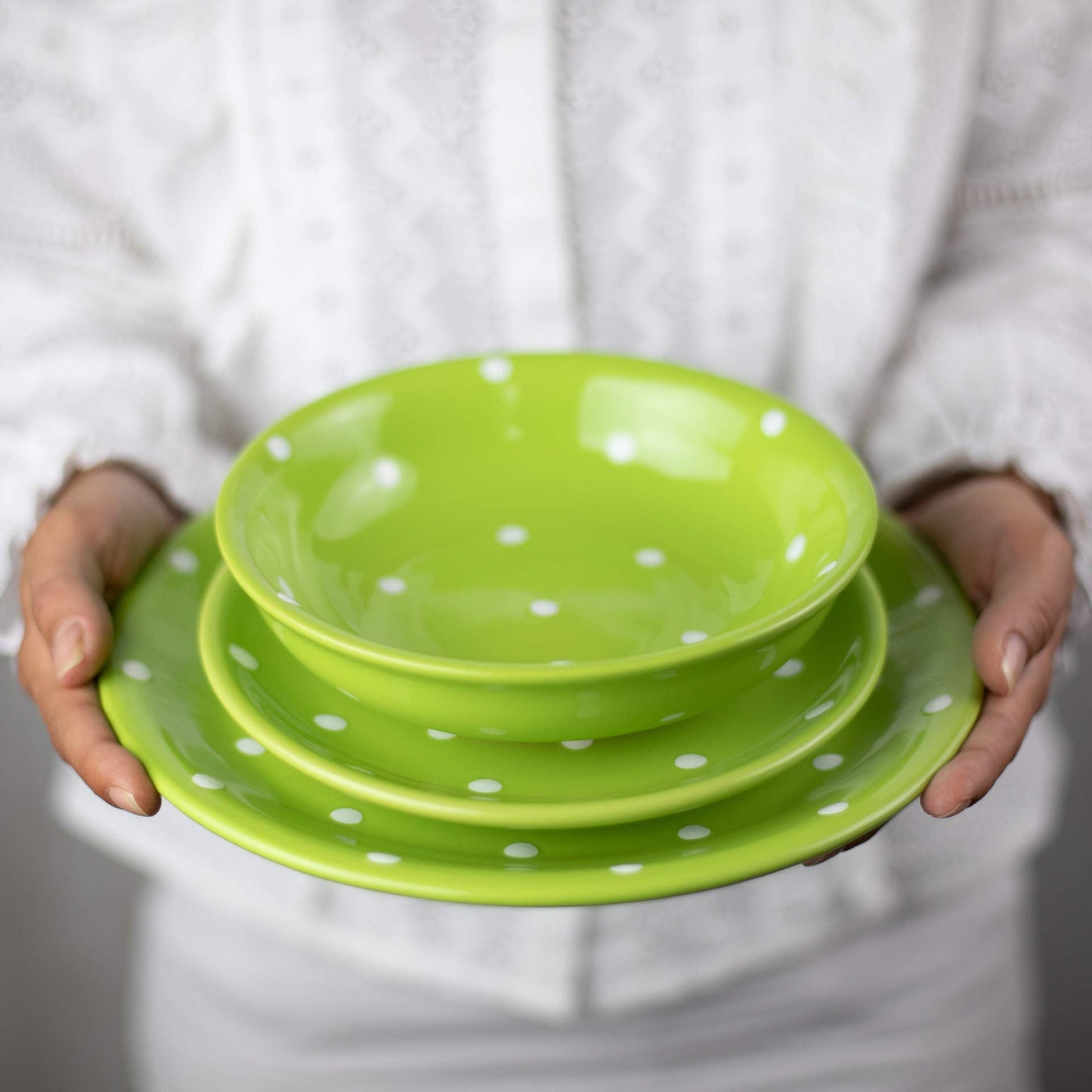 Handmade Lime Green and White Polka Dot Ceramic 12 piece Dinnerware Set | Pottery Tableware Service for 4 | Dinner Plates | Side Plates | Bowls | Housewarming Gift by City to Cottage®