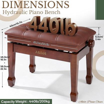AKLOT Hydraulic Piano Bench, Keyboard Bench with Padded Cushion, Ajustbale Heavy Duty Piano Seat with High-Density Sponge, Piano Stool 23.22"X 15.75" Solid Wooden Piano Chair for Pianist（Walnut
