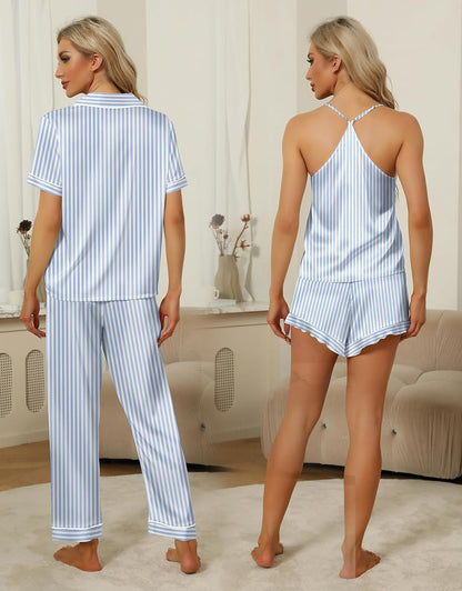SAPJON Silk Pajamas for Women Set 4Pcs Ruffled Satin Pajamas Set Button Down Short Sleeve Cami Shorts Sleepwear Pj Set