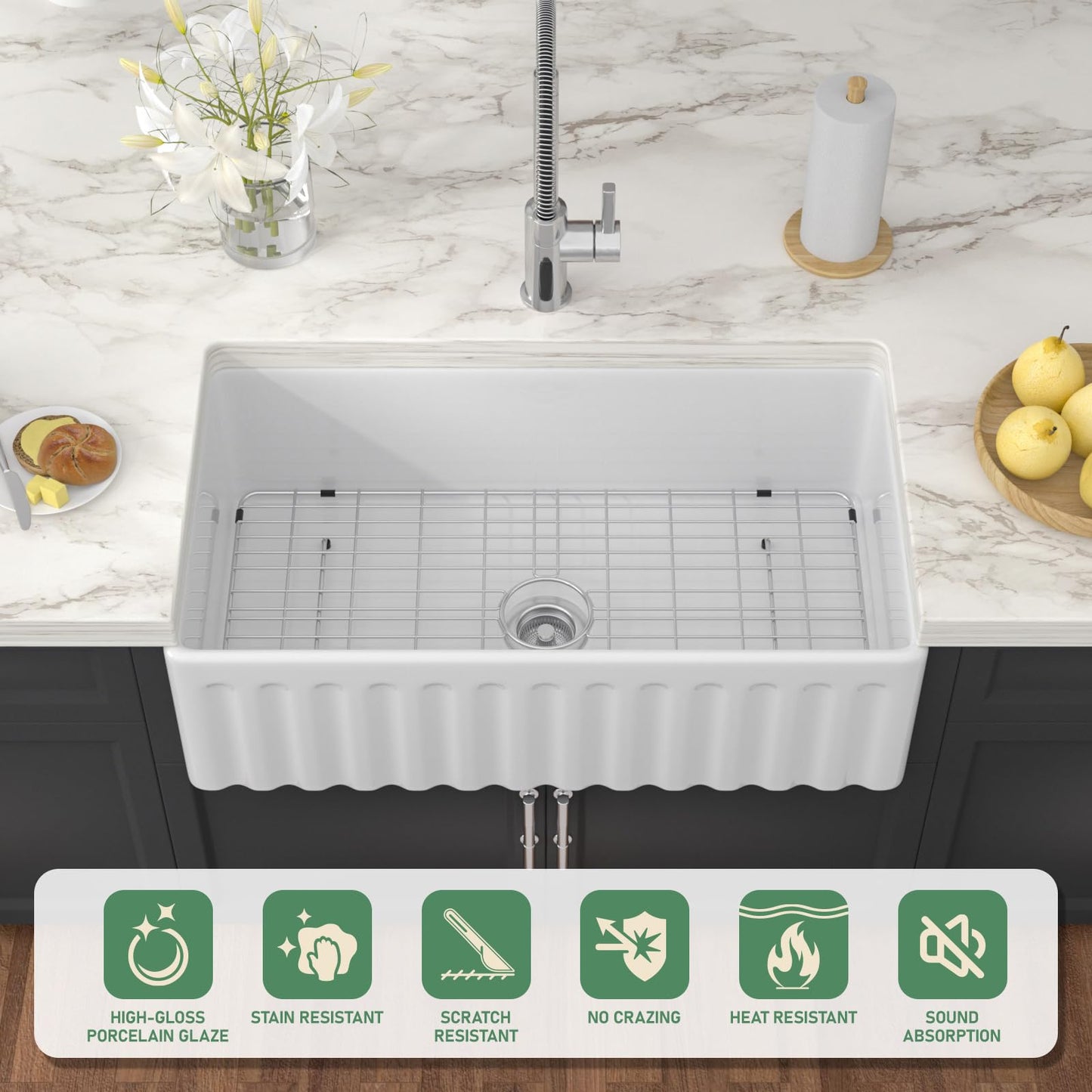Couoko White Farmhouse Sink 33 Inch Fireclay Reversible Apron Front Farm Sink 33"x18"x10" Glossy White Porcelain Farms House Style Single Bowl Farmhoues kitchen Sinks with Luxury Accessories