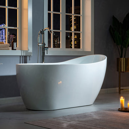 WOODBRIDGE 59" Acrylic Freestanding Bathtub Contemporary Soaking White Tub with Oil Rubbed Bronze Overflow and Drain,White,B1530 ORB