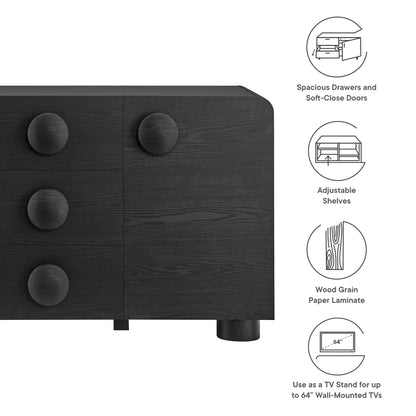 Modway Sonnet Retro Curved Sideboard in Black – 57 Inch Modern Buffet Cabinet with Circle Knobs – Credenza Cabinet with 3 Drawers – TV Stand Media Cabinet for Living Room, Home Office, Lounge Area