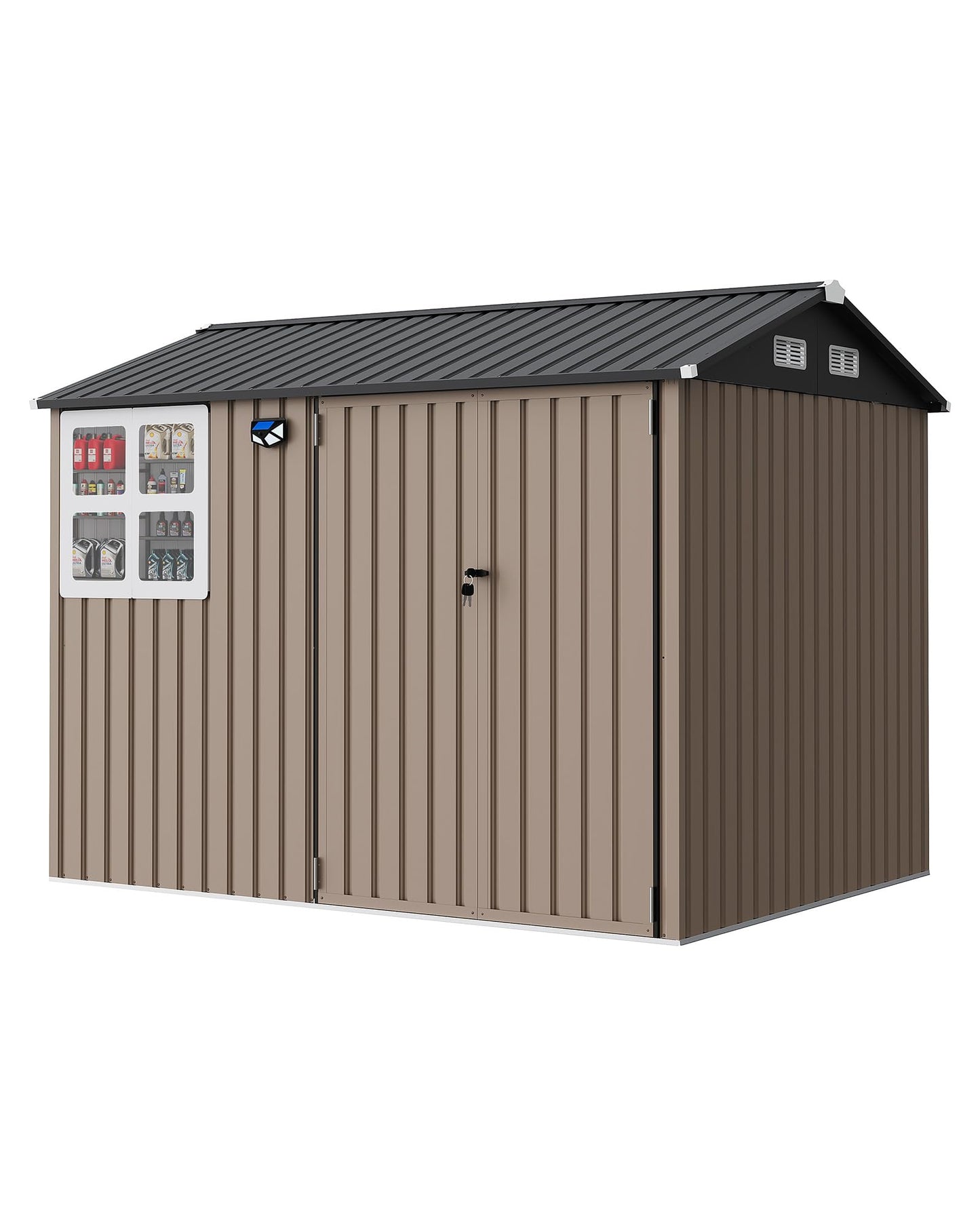 8x6 FT Outdoor Storage Shed with Window and Solar LED Light, Waterproof Metal Garden Tool Shed with Lockable Door, Vented Sloped Roof for Backyard Patio Lawn, Brown