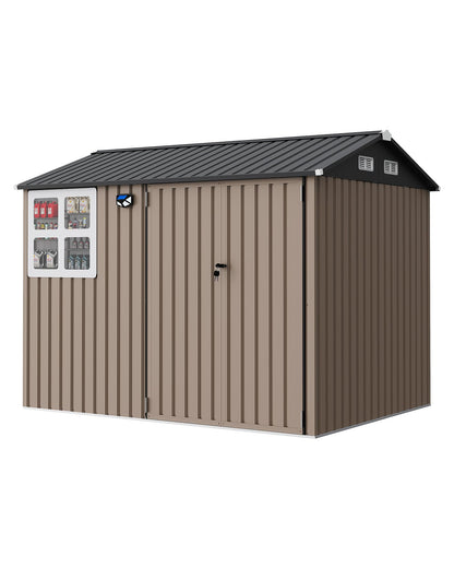 8x6 FT Outdoor Storage Shed with Window and Solar LED Light, Waterproof Metal Garden Tool Shed with Lockable Door, Vented Sloped Roof for Backyard Patio Lawn, Brown