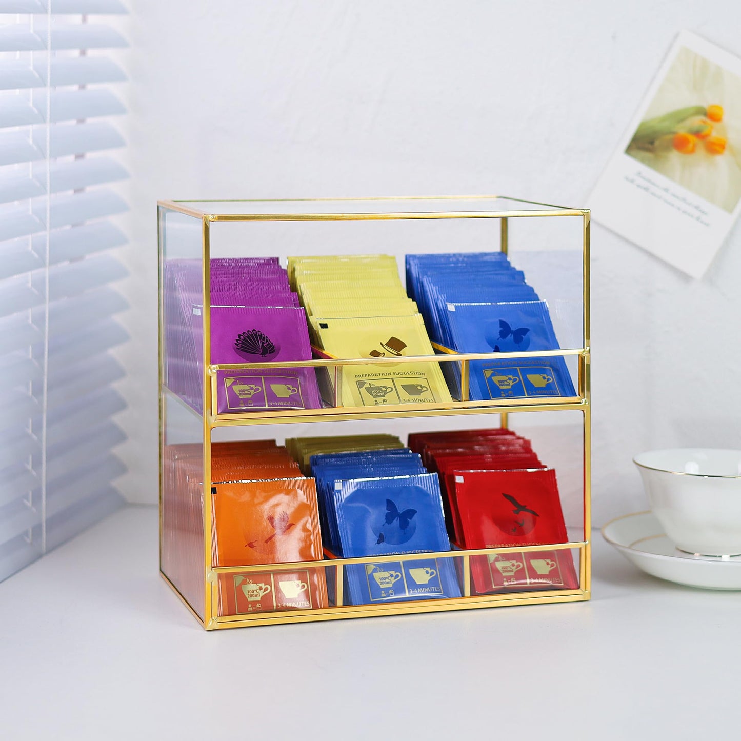 REDHUGO Glass Tea Bag Organizer for Counter, 2-Tier Teabag Organizer Storage Holder for Tea Bags, Glass Caddy Box Containers, Rack Teabag Station Stand for Cabinet Kitchen, 2-Tier, Gold