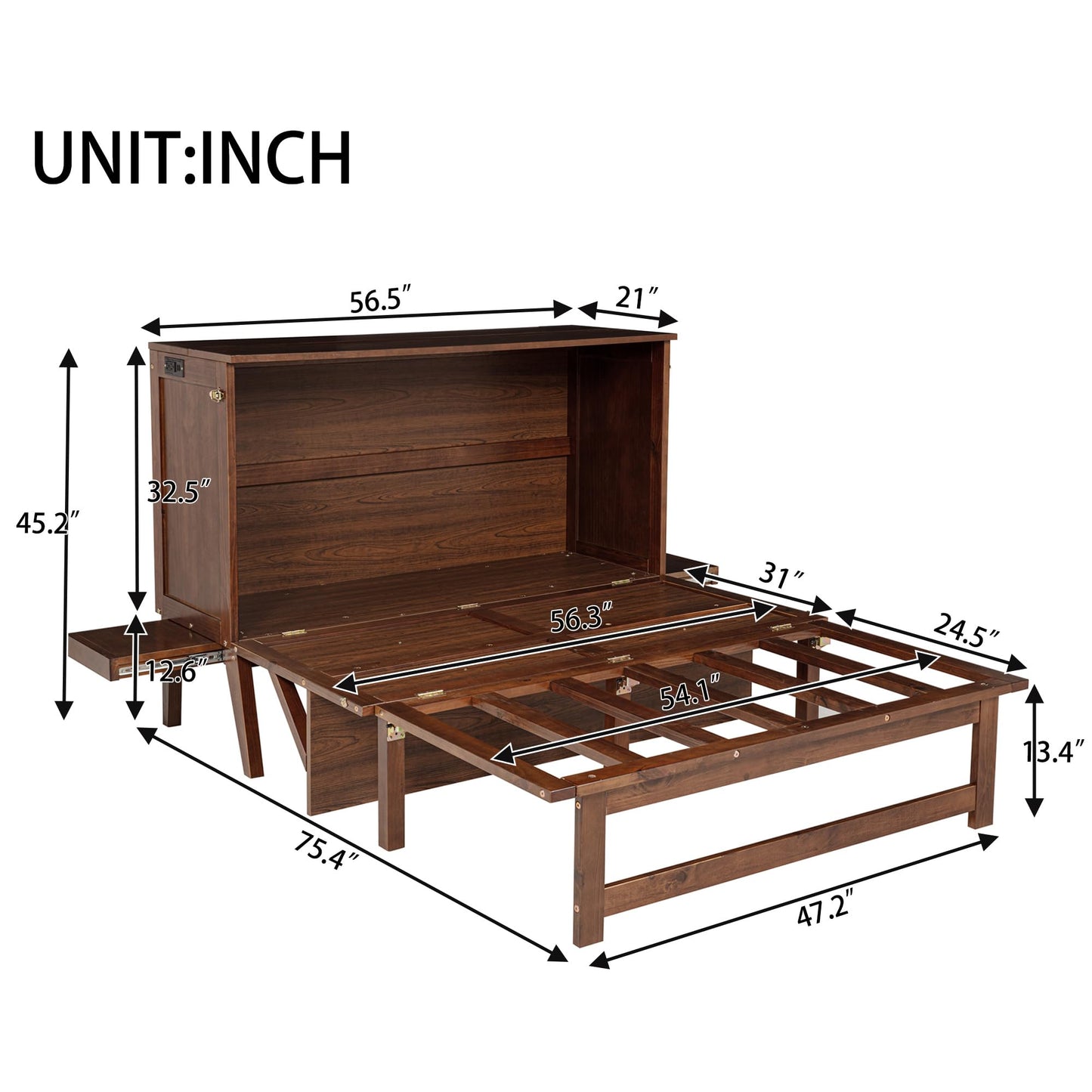 Ball & Cast Queen Size Murphy Bed W/Desk,Horizontal Hidden Wall Bed W/Gas Struts,Space-Saving Murphy Bed Cabinet for Home Office,Apartment,Guest Room,Walnut