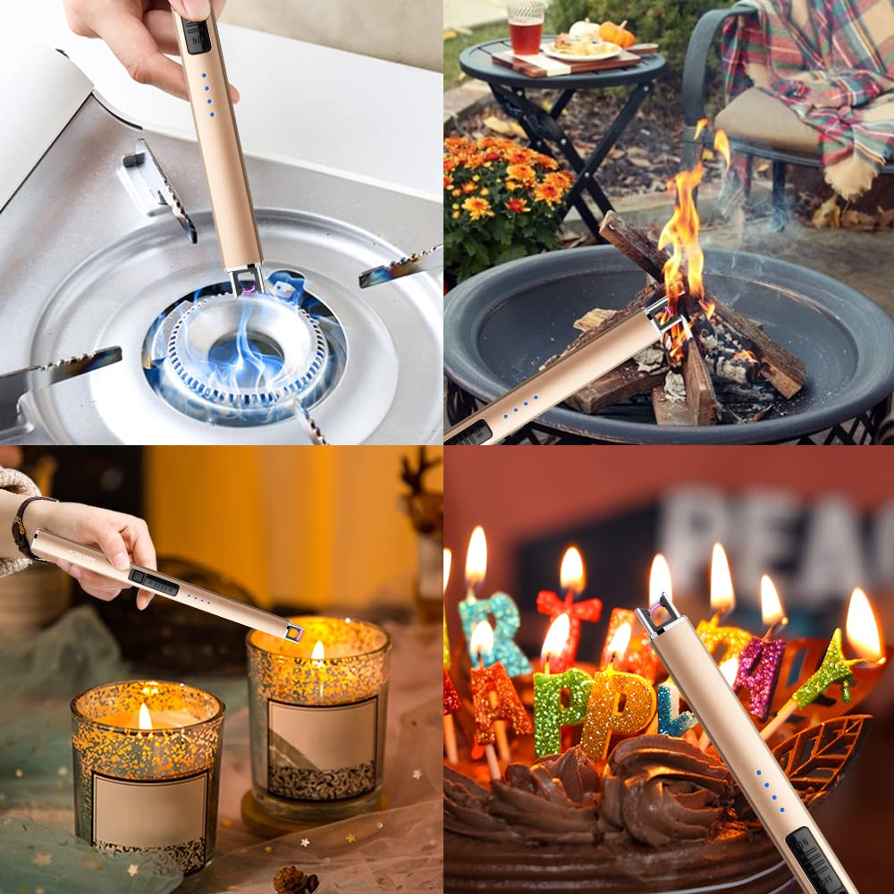 ARECTECH Electric Candle Lighter with Type-C Cable Birthday Gift for Man Women Wife Rechargeable Plasma Arc Lighters for Candle Camping Kitchen Stove Gold