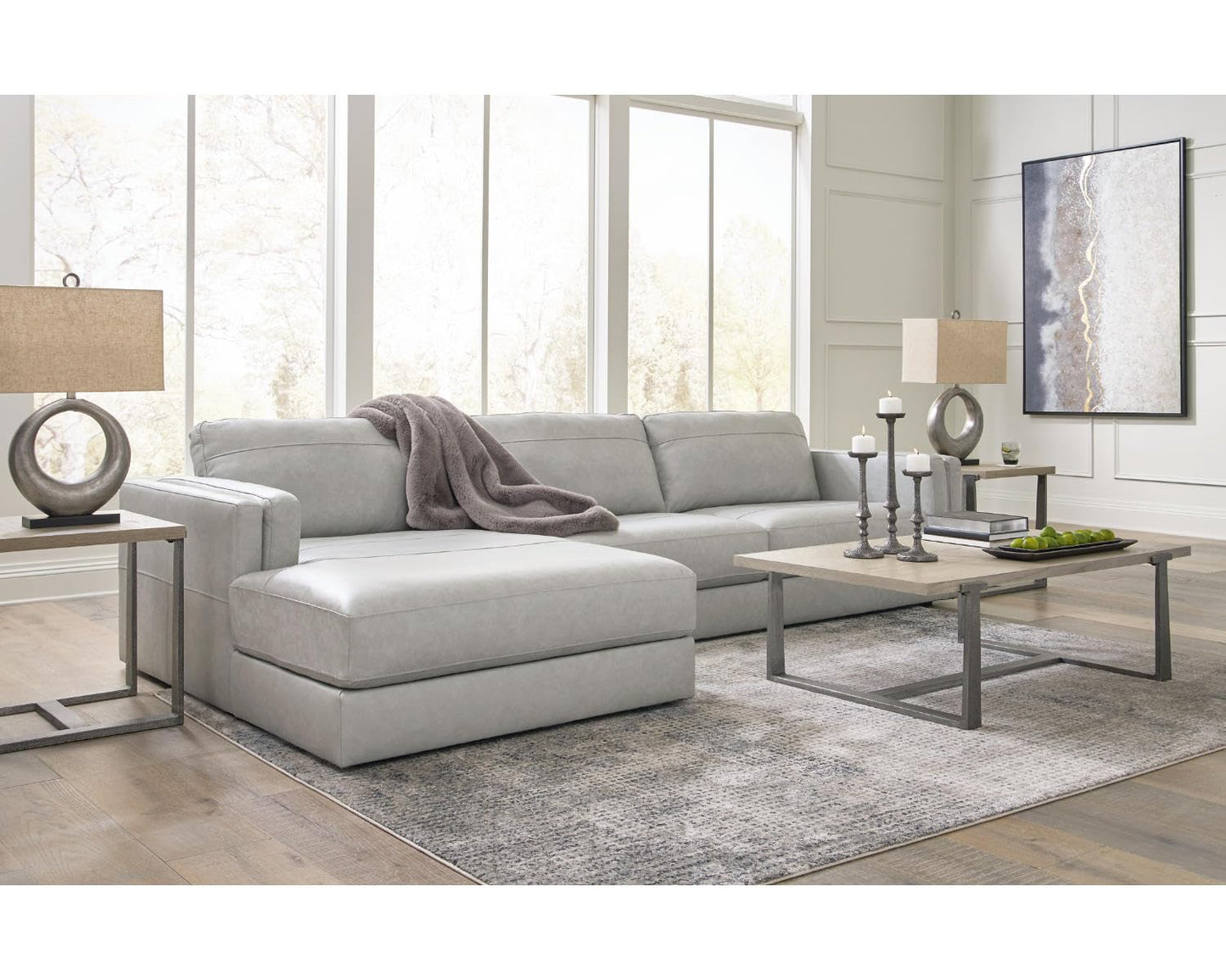 Signature Design by Ashley Amiata Modern L-Shaped Left-Arm Facing Leather Match 2-Piece Sectional with Chaise, Light Gray