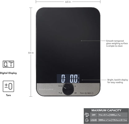 KitchenAid KQ908 Digital Kitchen and Food Scale - 11 Pound Capacity, Black - Scale for Food Ounces and Grams