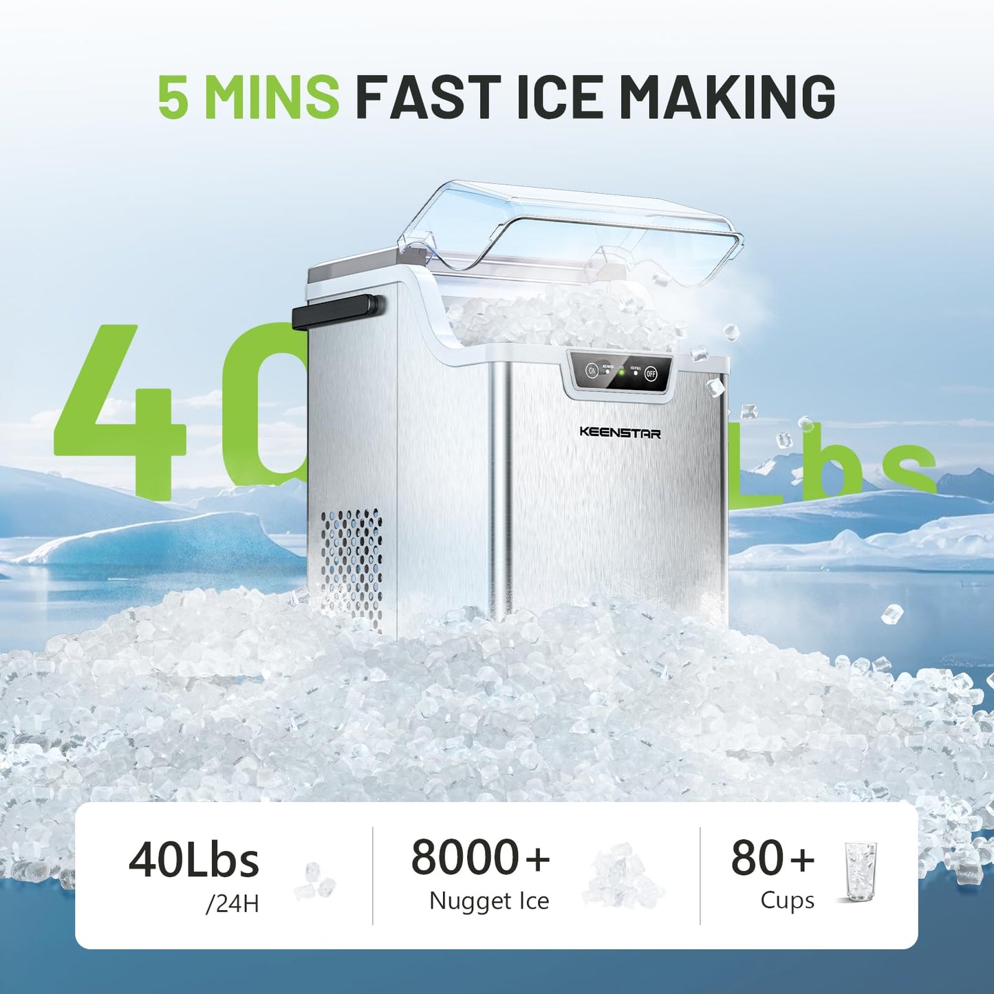 KEENSTAR Nugget Countertop Ice Maker with Soft Chewable Ice, 40lbs/24H Pebble Ice Machine for Home/Party/RV/Camping with Basket and Scoop, Auto-Cleaning
