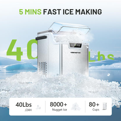 KEENSTAR Nugget Countertop Ice Maker with Soft Chewable Ice, 40lbs/24H Pebble Ice Machine for Home/Party/RV/Camping with Basket and Scoop, Auto-Cleaning