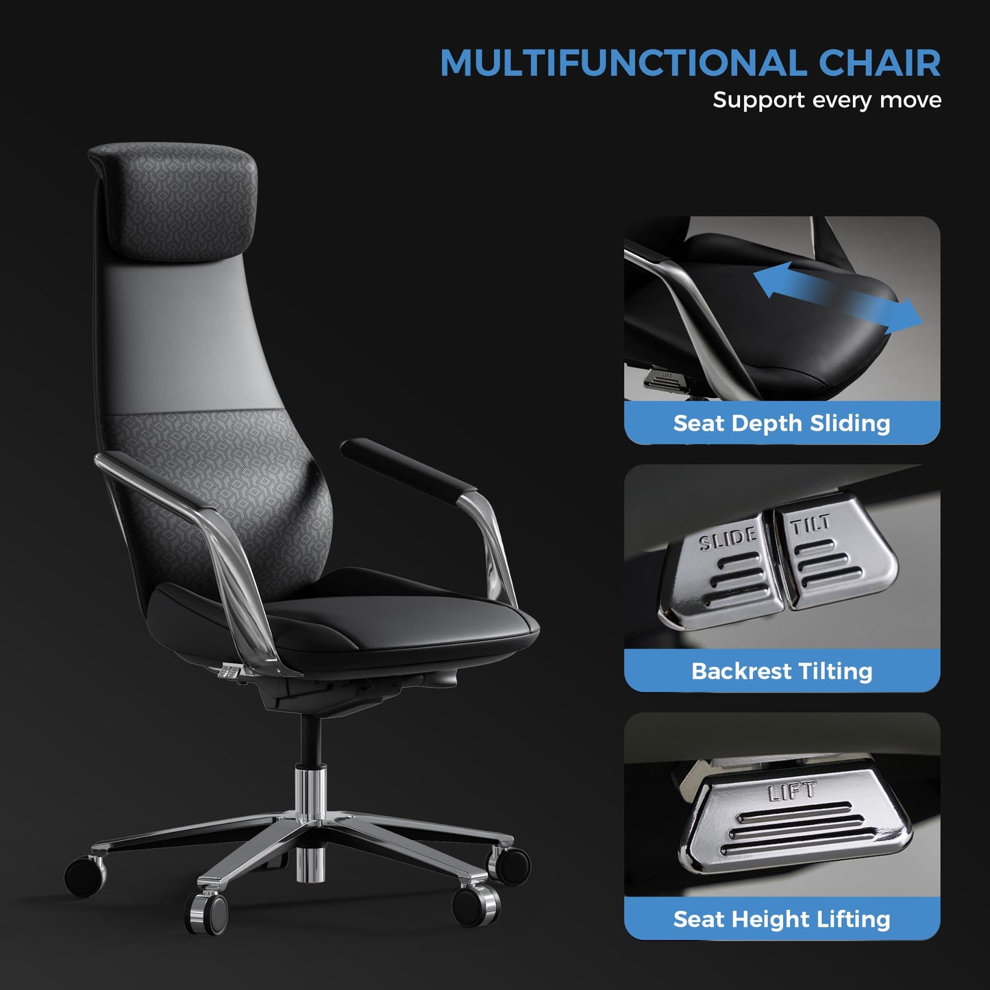 TOMU Black Genuine Leather Executive Office Chair, Real Top Grain Leather Office Chair with High Back, Comfy and Modern for Executive Luxury Desk, Ergonomic with Adjustable Height,Reclining (Black)