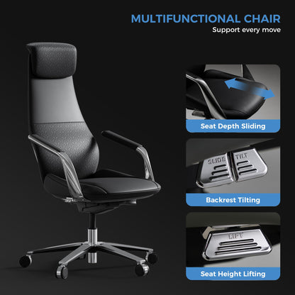 TOMU Black Genuine Leather Executive Office Chair, Real Top Grain Leather Office Chair with High Back, Comfy and Modern for Executive Luxury Desk, Ergonomic with Adjustable Height,Reclining (Black)