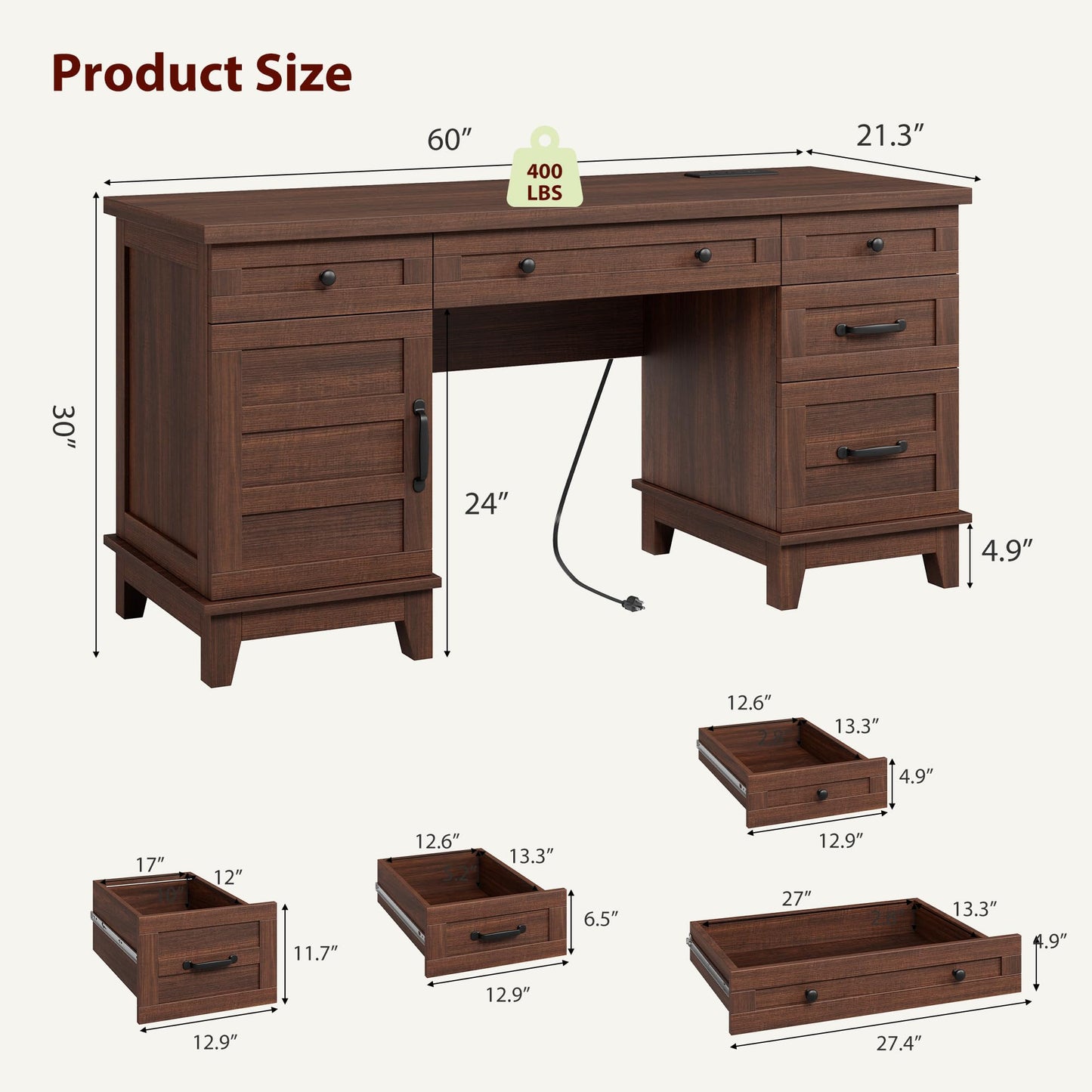 IDEALHOUSE Farmhouse Executive Desk 60 Inch, Wooden Home Office Desk with Adjustable Storage Cabinet, Built-in Charging Port, File Cabinet for Writing & Study, Elegant Workstation, Retro Brown