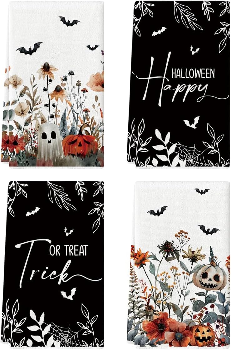 18x26 Inch Set 4 Artoid Mode Ghost Pumpkins Bats Floral Halloween Kitchen Towels Dish Towels, Farmhouse Spooky