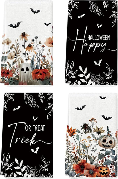 18x26 Inch Set 4 Artoid Mode Ghost Pumpkins Bats Floral Halloween Kitchen Towels Dish Towels, Farmhouse Spooky