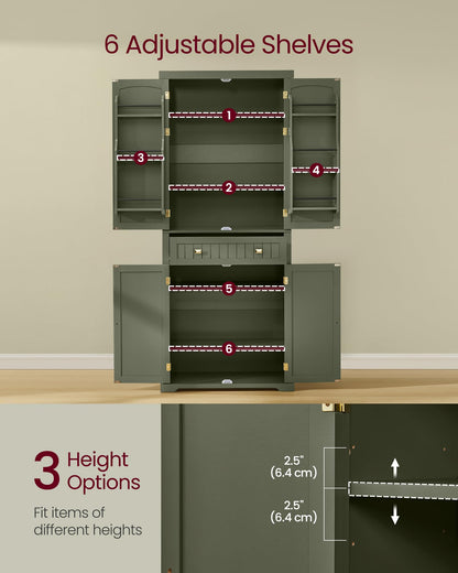 VASAGLE Pantry Cabinet, 15.7 x 30 x 71.7 Inches, Freestanding Tall Cupboard Storage Cabinet with a Drawer, 2 Cabinets, 6 Adjustable Shelves, for Living Room, Kitchen, Forest Green UBBK561C01