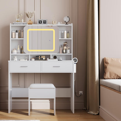 GOCAPTAIN Vanity Desk Makeup Vanity Table with Slides Mirror LED Lights 3 Intensities, Dressing Table Set with Stool, 5 Storage Shelves 2 Drawers, Plugboard and Hanger, 15.8" x 39.4" x 54.3"