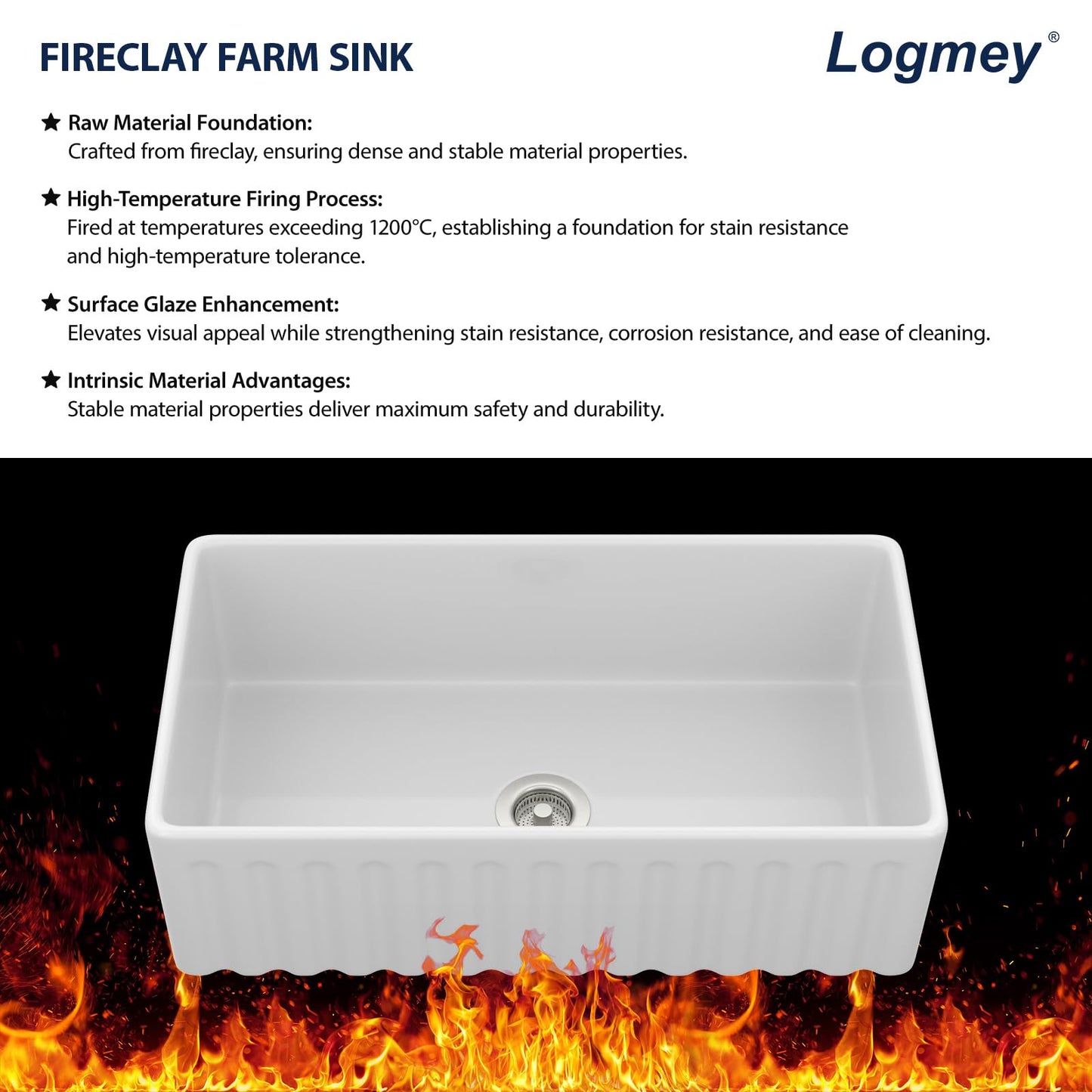 Logmey 33 In White Fireclay Farmhouse Sink with Pop-up Drain & Reversible Design 33x18x10 Durable Ceramic Apron Front Sinks,Easy to Clean,Scratch & Heat Resistant,Ideal for Traditional & Country Style