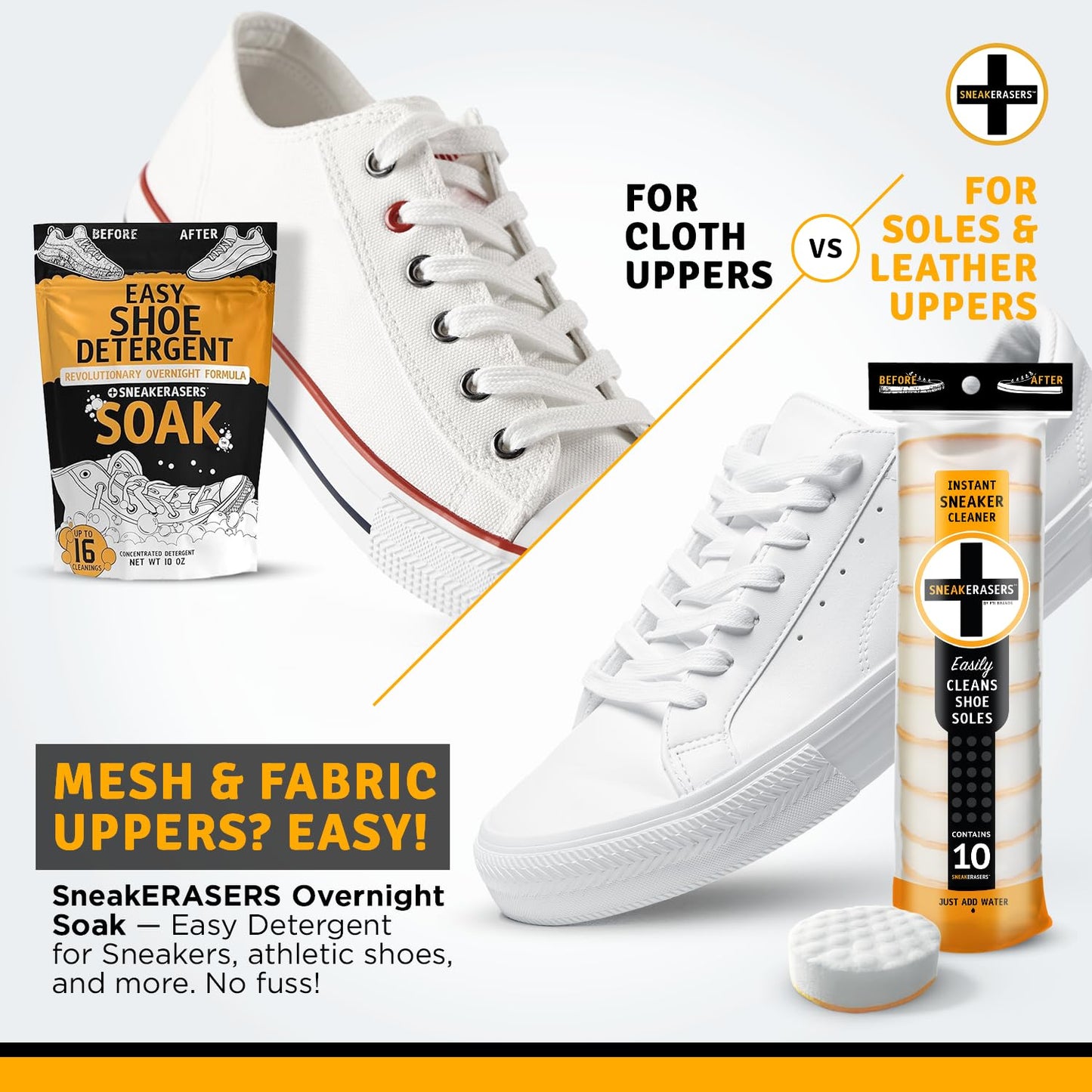 SneakERASERS Sole & Sneaker Cleaner, Premium Shoe Cleaner for Sneakers, Dual-Sided Sponges, Effective for Tennis Shoes & Women Men Sneakers, Gentle Rub Design Cleaner Kit, 10 Pack