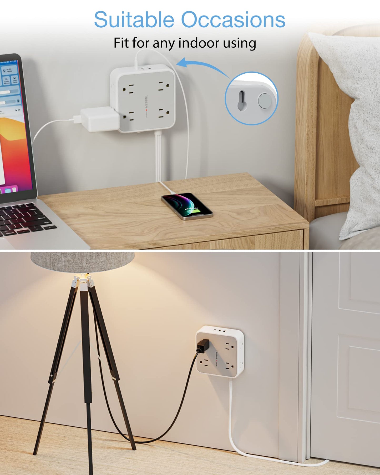 TESSAN Surge Protector Flat Extension Cord Flat Plug Power Strip, 8 AC Outlets, 3 USB Charger(1 USB C Port) 3 Sided Outlet Extender, 5 Ft, 900 Joules Protection, Office Supplies, Dorm Room Essentials