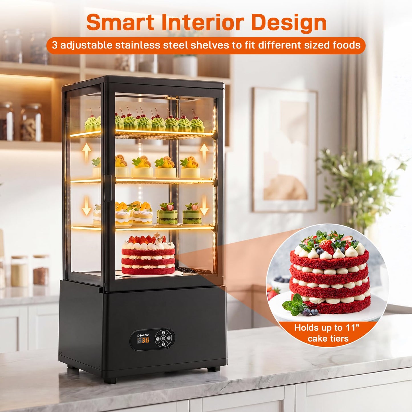 Commercial Cake Display Refrigerator, 78L Countertop Glass Cooler with LED Light, 32-53.6°F Digital Thermostat, Frost-Free Pastry Showcase for 11" Cake, Tempered Glass & Rear Door for Bakery/Cafe/Home