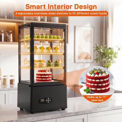 Commercial Cake Display Refrigerator, 78L Countertop Glass Cooler with LED Light, 32-53.6°F Digital Thermostat, Frost-Free Pastry Showcase for 11" Cake, Tempered Glass & Rear Door for Bakery/Cafe/Home