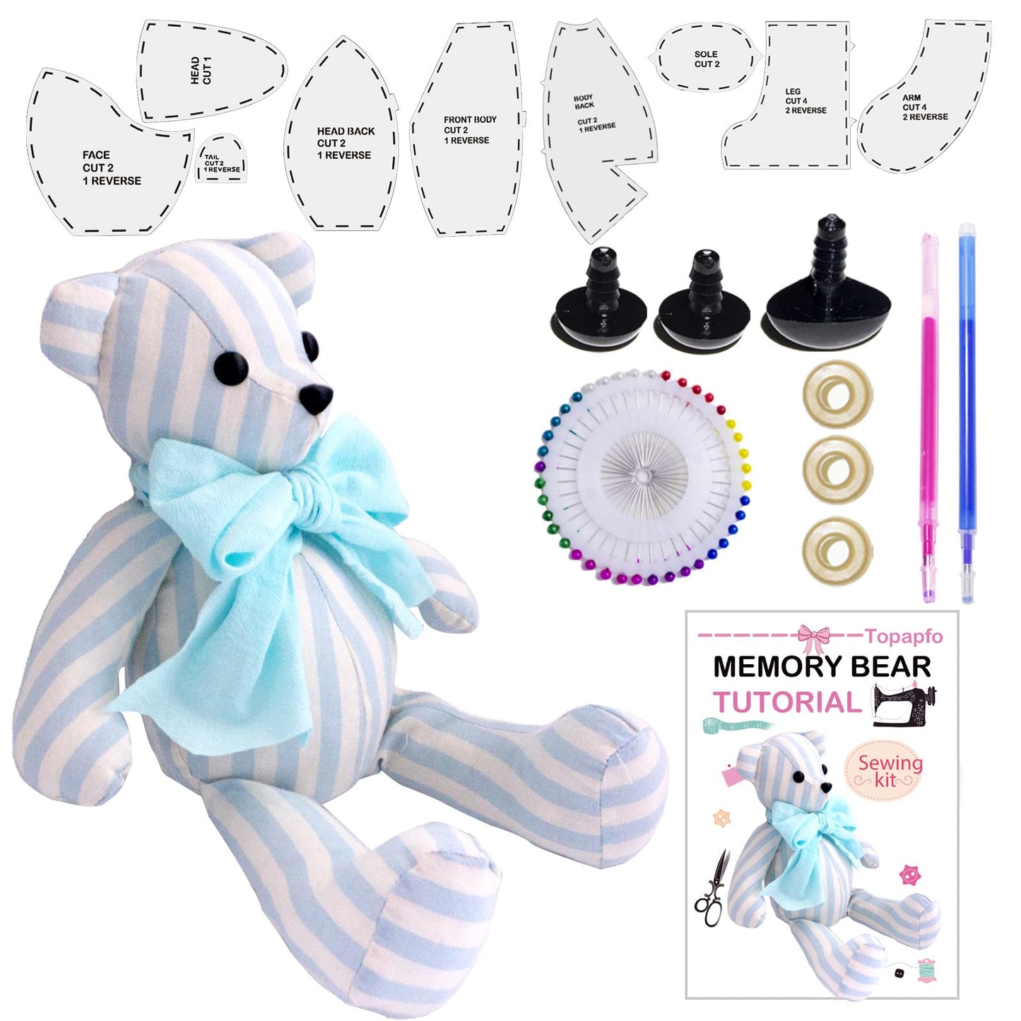 18 Inch Memory Bear Patterns Templates for Sewing, Beginners Teddy Bear Stuffed Animal Pattern with Safety Eyes Noses, Pins (18 Inch)