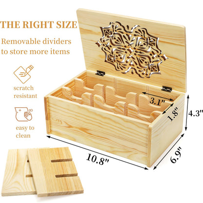 WRINGKIT Tea Bag Organizer Box, Wooden Tea Bag Chest Holder Container with 9 Compartment Floral Carved Lid, Multi-Functional Decorative Box for Storage Sugar Packet, Sweets, Christmas Gift