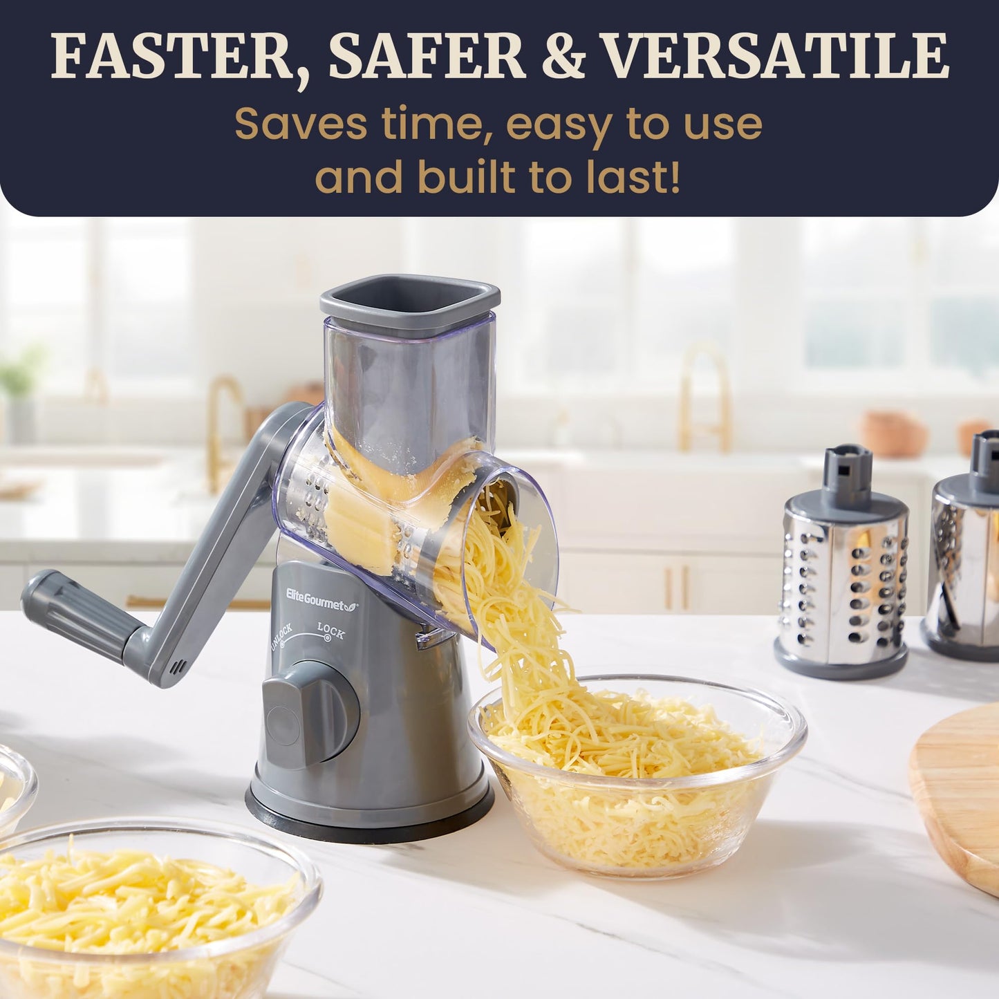Elite Gourmet EFP593 Rotary Cheese Grater with 3 Stainless-Steel Blades for Slicing, Shredding & Fine Shredding, Strong Suction Base, Dishwasher-Safe, Grey