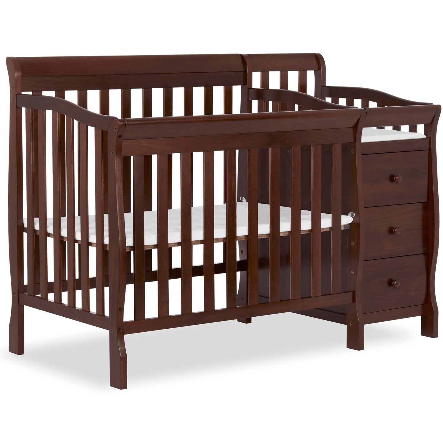Dream On Me Jayden 4‑in‑1 Mini Convertible Baby Crib & Changer with Storage in Espresso, Pinewood, GreenGuard Gold & BSA, 1” Mattress Pad, 3 Mattress Heights, Converts to Mini Day & Twin-Size Bed