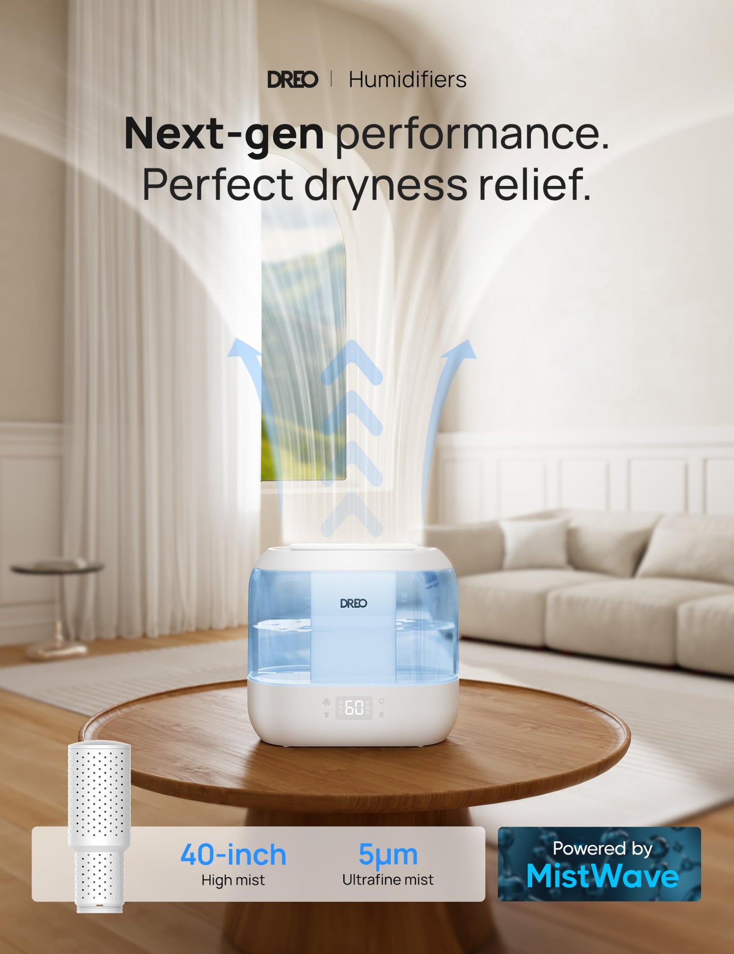 Dreo Smart Humidifiers for Bedroom, Top Fill 4L Supersized Humidifier Large Room with 28 dB, 36H Runtime, Touch/APP/Voice Control, Nightlight, Cool Mist Humidifiers for Baby, Plants, Indoor, Black