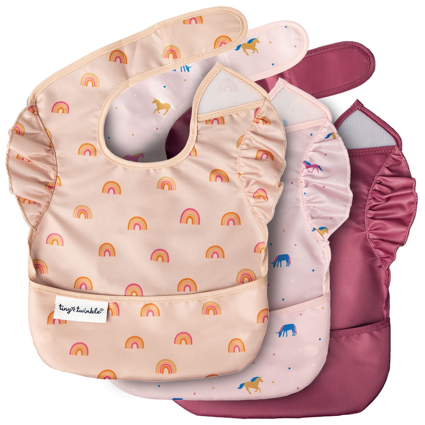 Tiny Twinkle Mess Proof Baby Bibs for Eating - Waterproof, Wipeable Bibs - Toddler Bibs - Travel Friendly - PFAS, PVC, BPA, Phthalate Free - Baby Food Bibs(3 Pack,Unicorn)